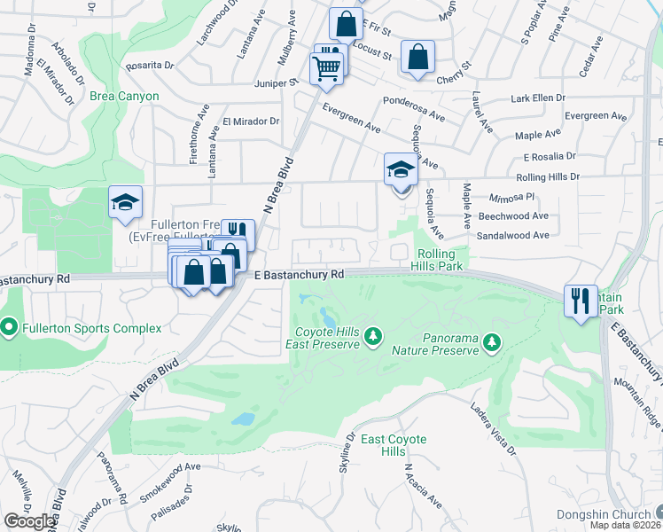 map of restaurants, bars, coffee shops, grocery stores, and more near 1411 Vista Grande in Fullerton