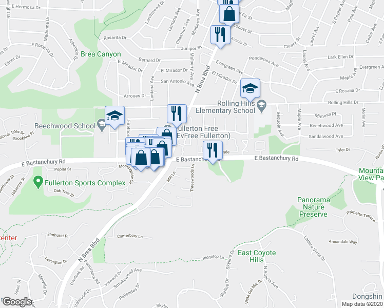 map of restaurants, bars, coffee shops, grocery stores, and more near 1241 East Bastanchury Road in Fullerton