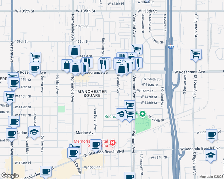 map of restaurants, bars, coffee shops, grocery stores, and more near 14503 Berendo Avenue in Gardena