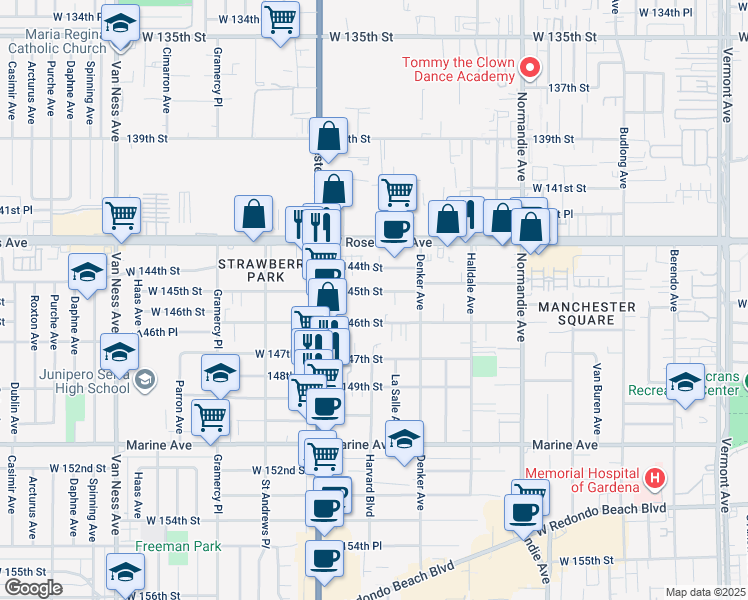 map of restaurants, bars, coffee shops, grocery stores, and more near 1650 West 145th Street in Gardena