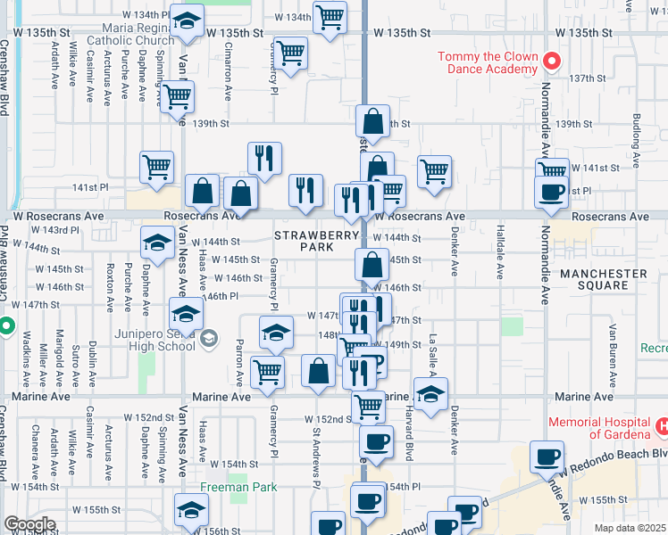 map of restaurants, bars, coffee shops, grocery stores, and more near 1852 West 145th Street in Gardena