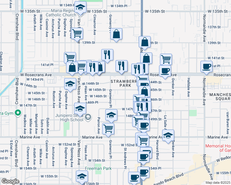 map of restaurants, bars, coffee shops, grocery stores, and more near 1930 West 145th Street in Gardena