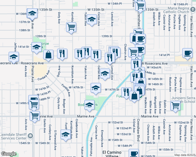 map of restaurants, bars, coffee shops, grocery stores, and more near 14501 Cerise Avenue in Hawthorne
