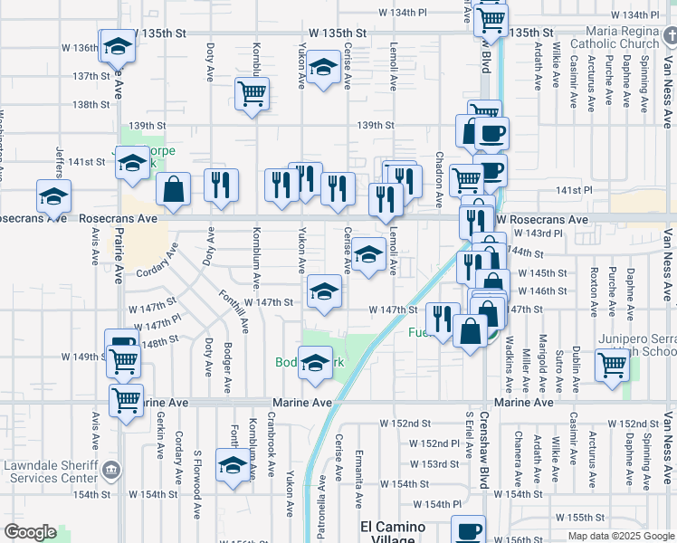 map of restaurants, bars, coffee shops, grocery stores, and more near 14501 Cerise Avenue in Hawthorne