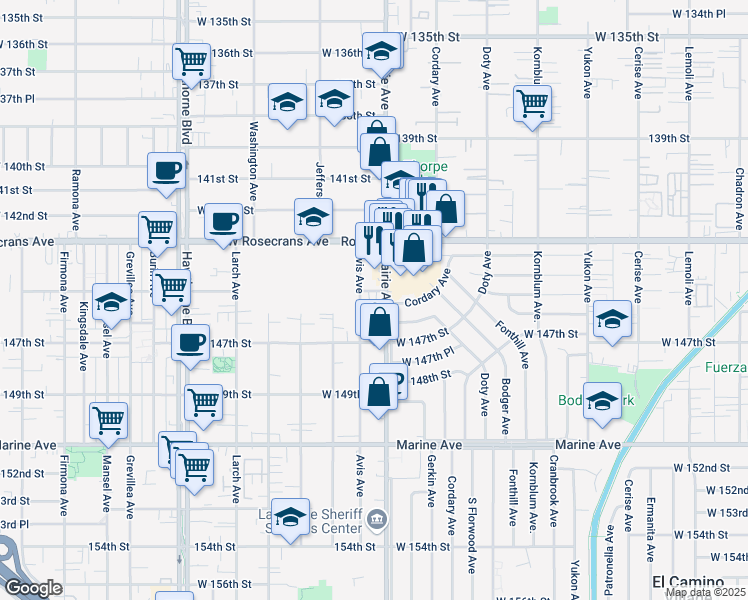 map of restaurants, bars, coffee shops, grocery stores, and more near 14505 145th Street in Lawndale