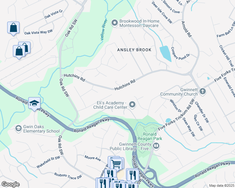 map of restaurants, bars, coffee shops, grocery stores, and more near 2798 Hutchins Road in Lawrenceville