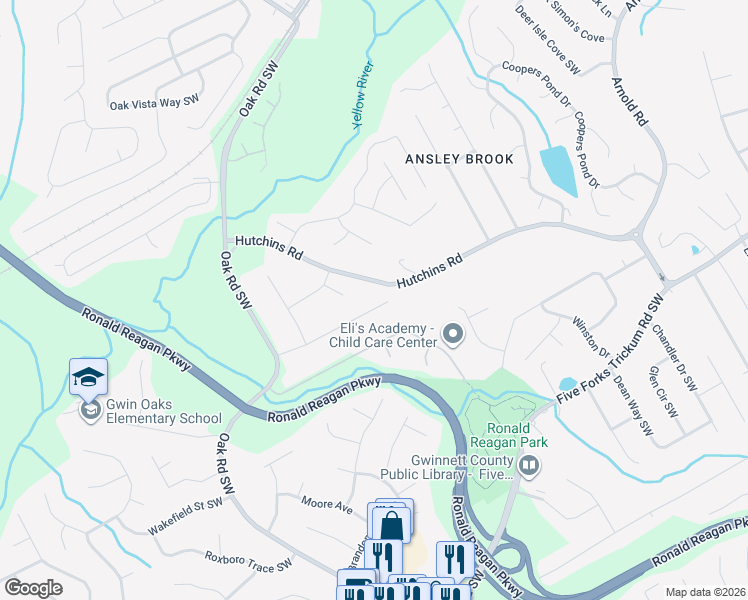map of restaurants, bars, coffee shops, grocery stores, and more near 2803 Franklin Road Southwest in Lawrenceville