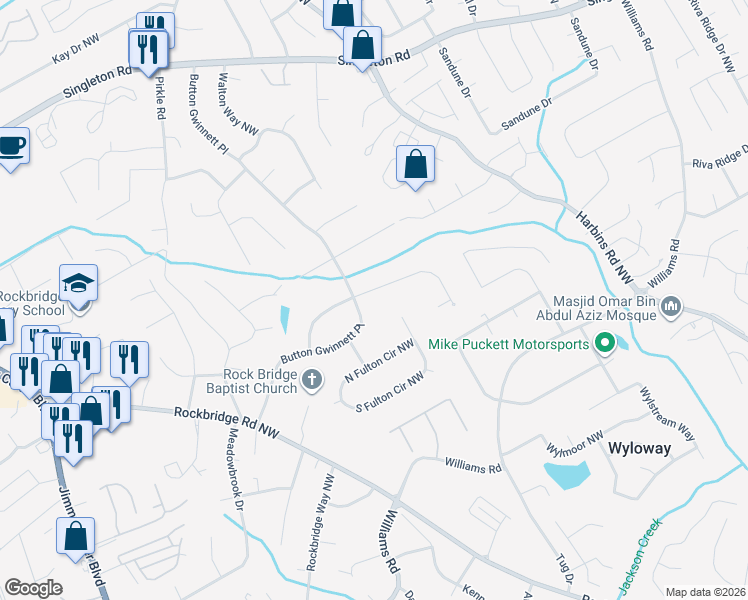 map of restaurants, bars, coffee shops, grocery stores, and more near 5746 Dekalb Lane Northwest in Norcross