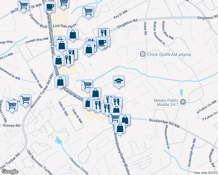 map of restaurants, bars, coffee shops, grocery stores, and more near 1318 Zachary Way Northwest in Norcross