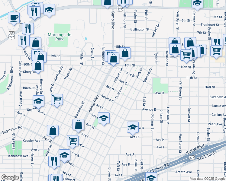 map of restaurants, bars, coffee shops, grocery stores, and more near 1400 Fillmore Street in Wichita Falls