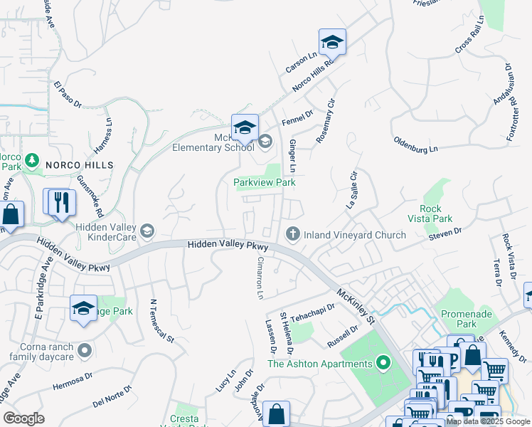 map of restaurants, bars, coffee shops, grocery stores, and more near 1020 Vista Del Cerro Drive in Corona