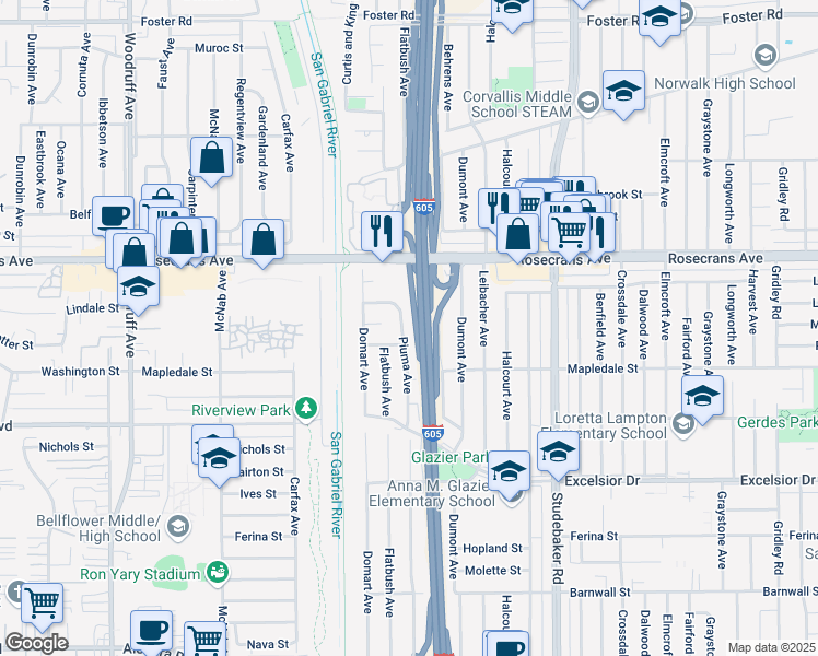map of restaurants, bars, coffee shops, grocery stores, and more near 14426 Piuma Avenue in Norwalk