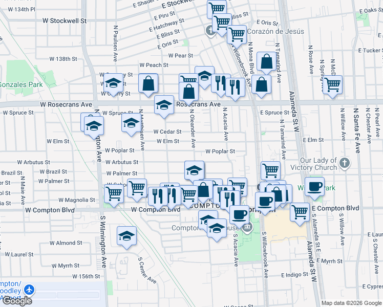 map of restaurants, bars, coffee shops, grocery stores, and more near 400B West Poplar Street in Compton