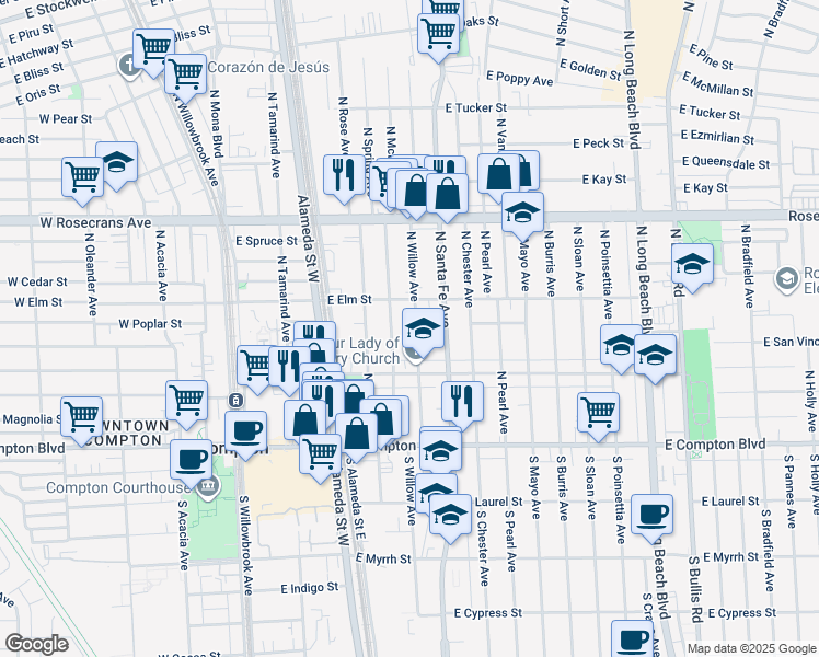 map of restaurants, bars, coffee shops, grocery stores, and more near 520 North Spring Avenue in Compton