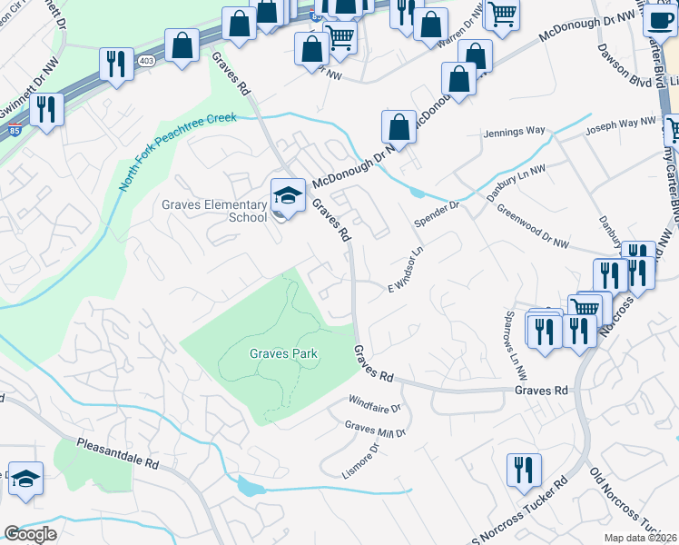 map of restaurants, bars, coffee shops, grocery stores, and more near 6679 Langtry Lane in Norcross
