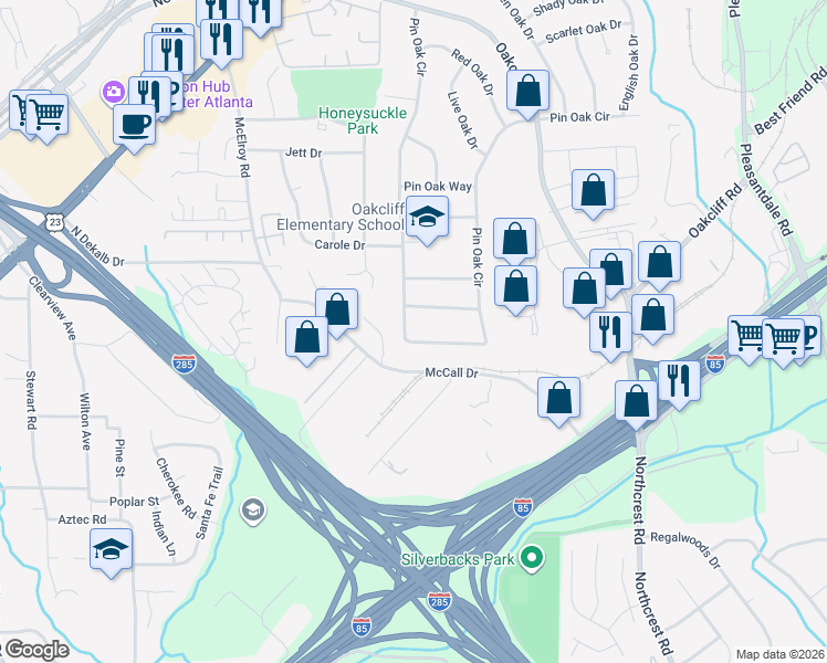map of restaurants, bars, coffee shops, grocery stores, and more near 3679 Pin Oak Circle in Doraville