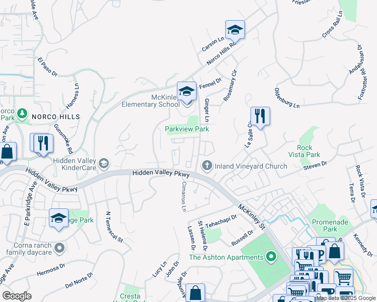 map of restaurants, bars, coffee shops, grocery stores, and more near 1020 Vista Del Cerro Drive in Corona