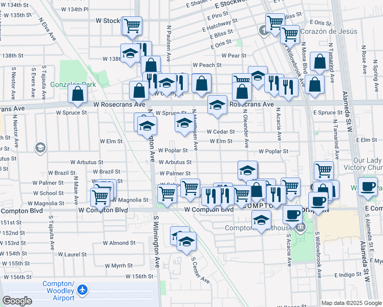 map of restaurants, bars, coffee shops, grocery stores, and more near 610 West Poplar Street in Compton