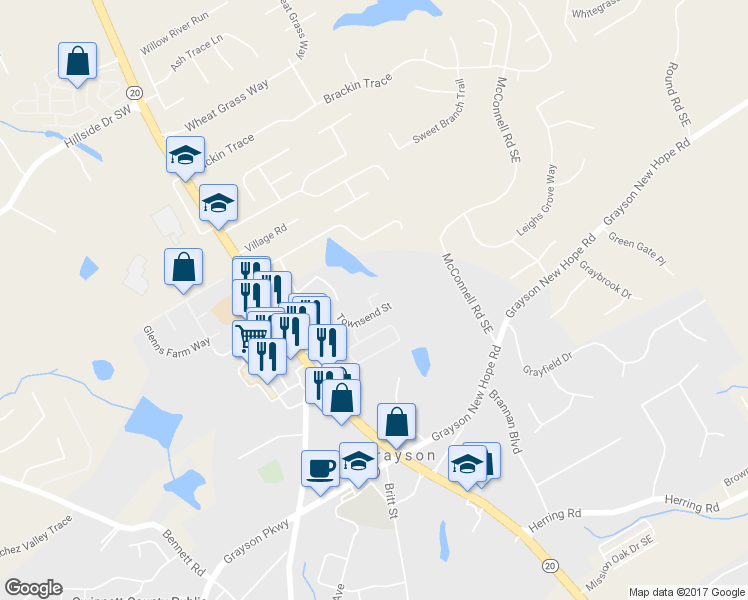 map of restaurants, bars, coffee shops, grocery stores, and more near 1834 Townsend Court in Grayson