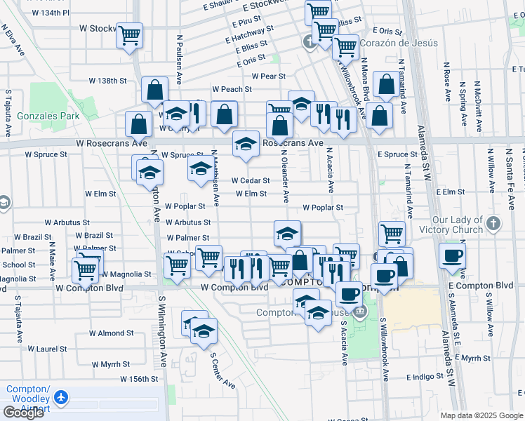 map of restaurants, bars, coffee shops, grocery stores, and more near 434 West Poplar Street in Compton