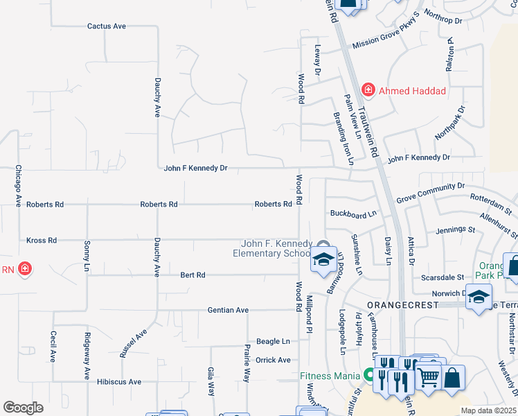 map of restaurants, bars, coffee shops, grocery stores, and more near 18825 Roberts Road in Riverside