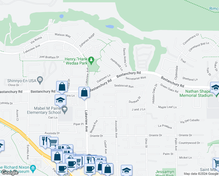 map of restaurants, bars, coffee shops, grocery stores, and more near 18680 Seabiscuit Run in Yorba Linda