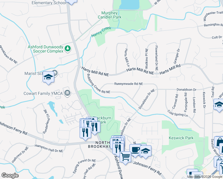 map of restaurants, bars, coffee shops, grocery stores, and more near 1490 Bubbling Creek Road Northeast in Atlanta