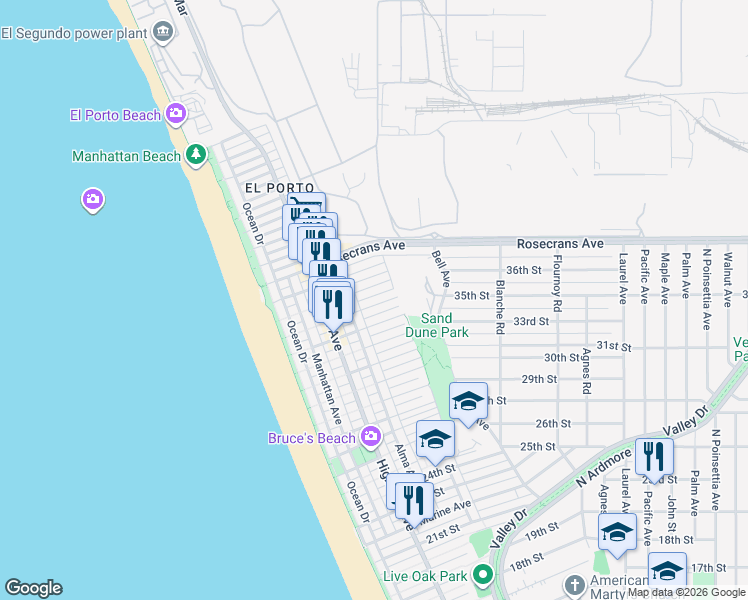 map of restaurants, bars, coffee shops, grocery stores, and more near 441 34th Street in Manhattan Beach