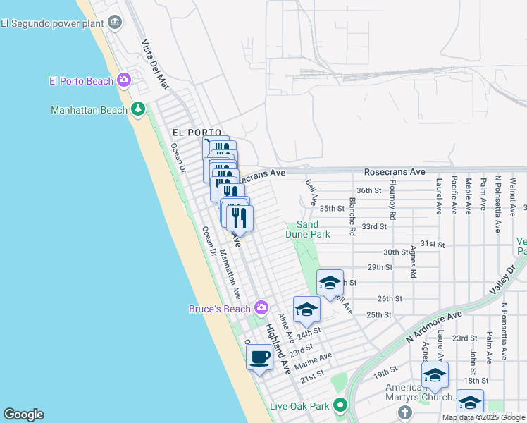map of restaurants, bars, coffee shops, grocery stores, and more near 441 34th Street in Manhattan Beach