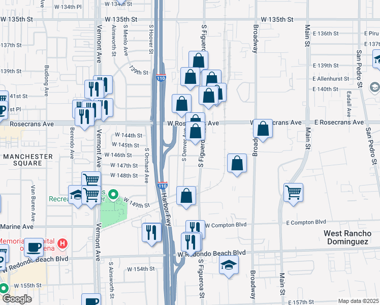 map of restaurants, bars, coffee shops, grocery stores, and more near 525 West 146th Street in Gardena