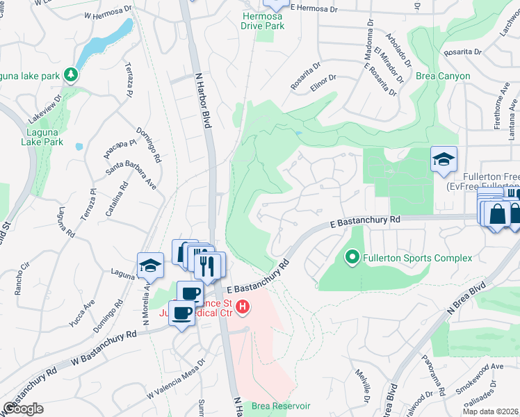 map of restaurants, bars, coffee shops, grocery stores, and more near 402 Westchester Place in Fullerton
