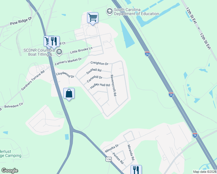 map of restaurants, bars, coffee shops, grocery stores, and more near 326 Hadley Hall Road in West Columbia