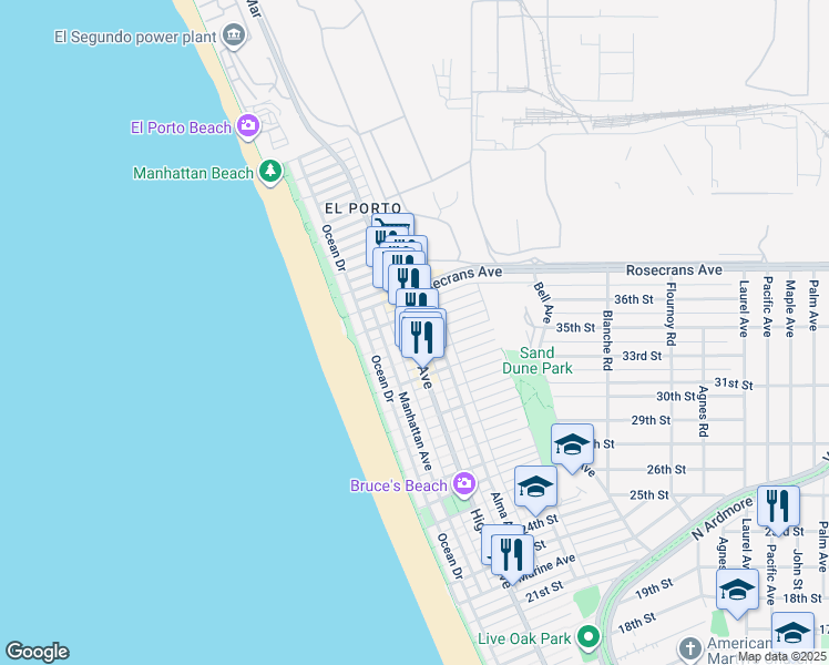 map of restaurants, bars, coffee shops, grocery stores, and more near 301 35th Street in Manhattan Beach