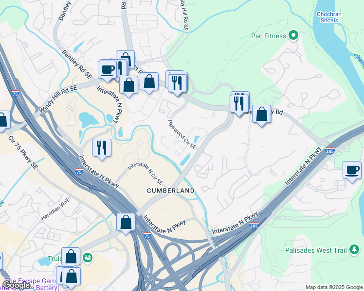 map of restaurants, bars, coffee shops, grocery stores, and more near 800 Parkwood Circle Southeast in Atlanta