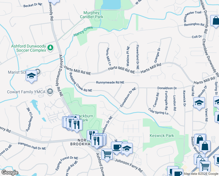 map of restaurants, bars, coffee shops, grocery stores, and more near 1560 Bubbling Creek Road Northeast in Atlanta
