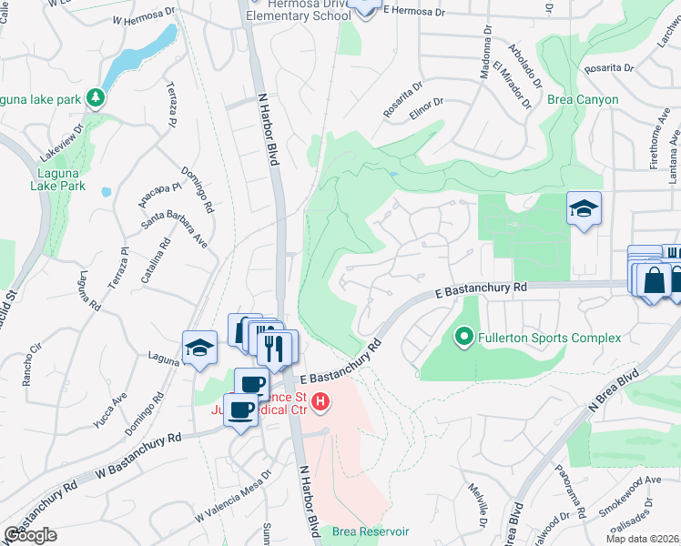 map of restaurants, bars, coffee shops, grocery stores, and more near 402 Westchester Place in Fullerton