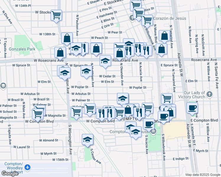 map of restaurants, bars, coffee shops, grocery stores, and more near 442 West Poplar Street in Compton