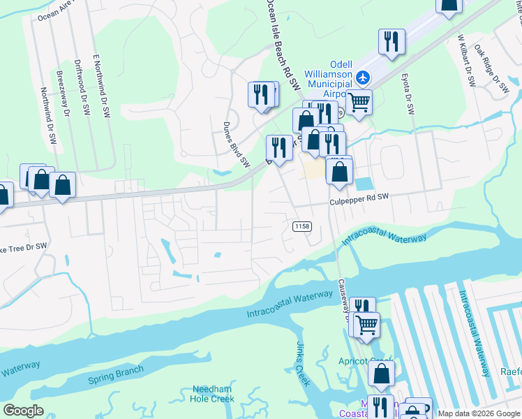 map of restaurants, bars, coffee shops, grocery stores, and more near 1620-1640 Gause Landing Rd SW in Ocean Isle Beach
