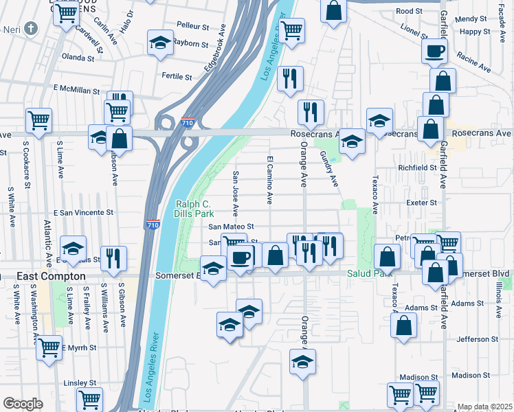 map of restaurants, bars, coffee shops, grocery stores, and more near 6639 San Vincente Street in Paramount