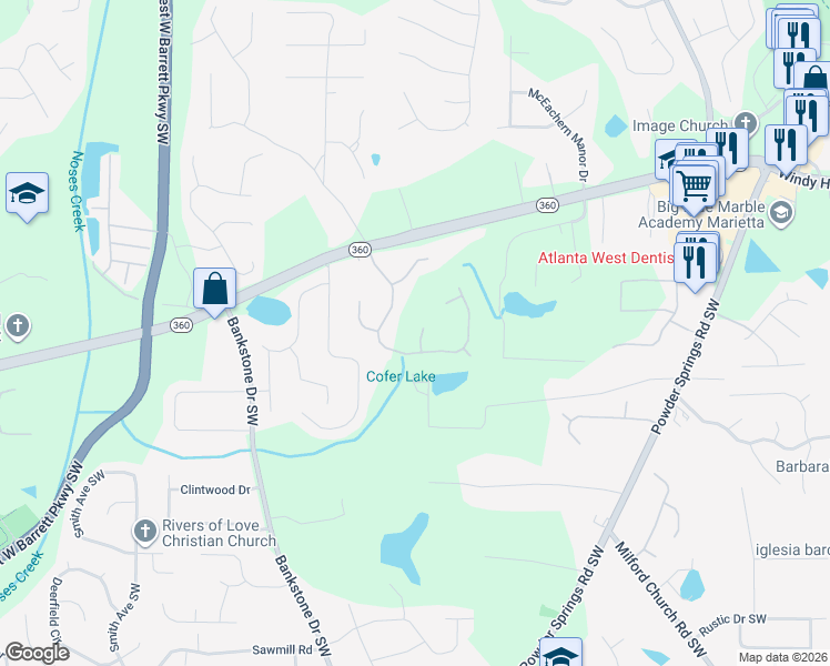 map of restaurants, bars, coffee shops, grocery stores, and more near 2252 Caneridge Trail Southwest in Marietta
