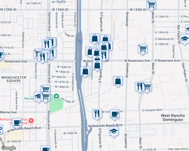 map of restaurants, bars, coffee shops, grocery stores, and more near 525 West 146th Street in Gardena