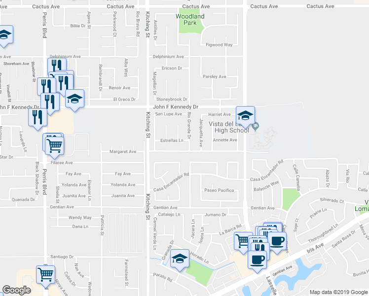 map of restaurants, bars, coffee shops, grocery stores, and more near 25690 Margaret Avenue in Moreno Valley