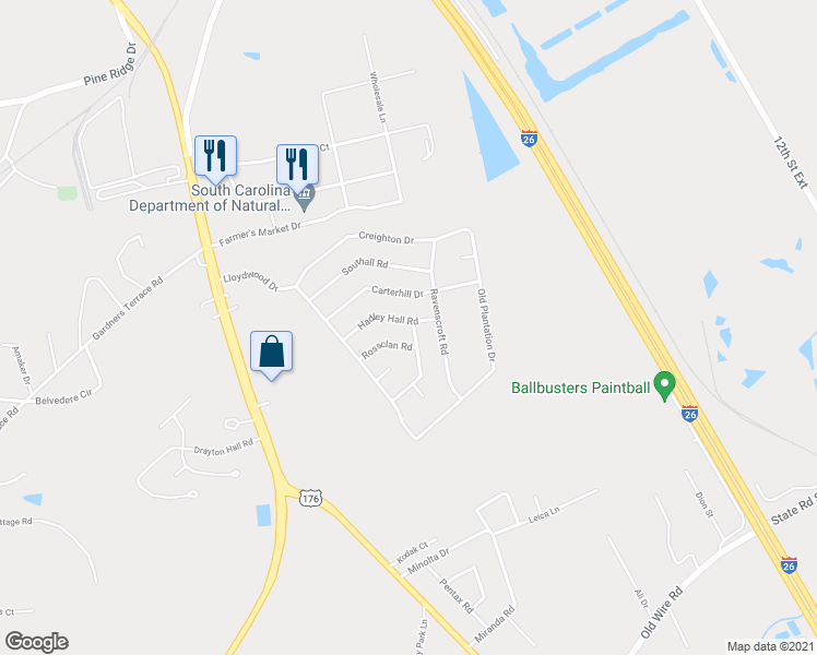 map of restaurants, bars, coffee shops, grocery stores, and more near 320 Hadley Hall Road in West Columbia
