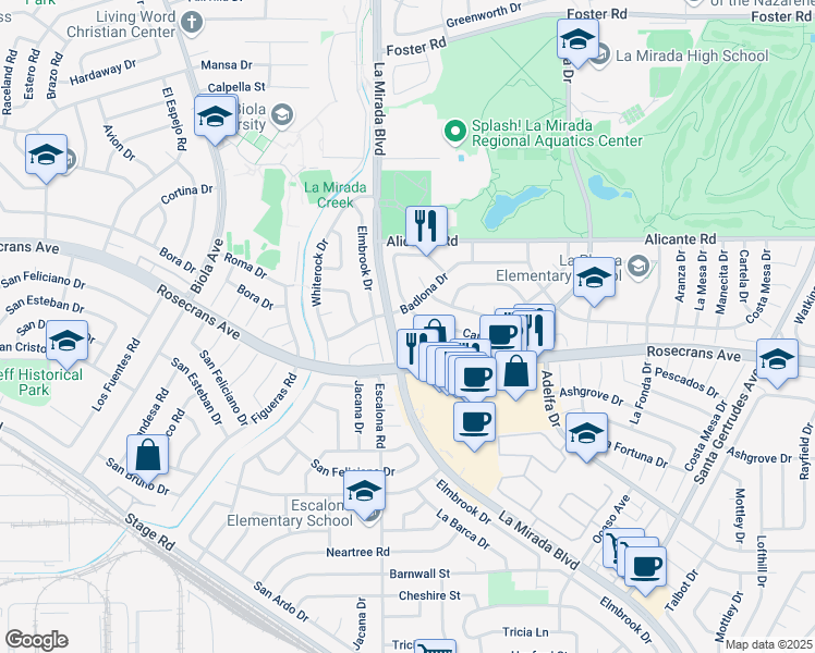 map of restaurants, bars, coffee shops, grocery stores, and more near 15002 Badlona Drive in La Mirada