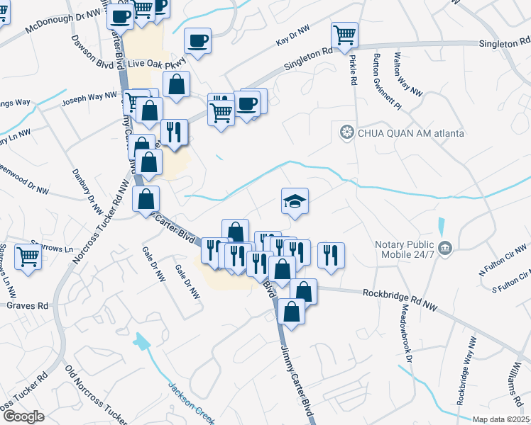 map of restaurants, bars, coffee shops, grocery stores, and more near 1318 Zachary Way Northwest in Norcross