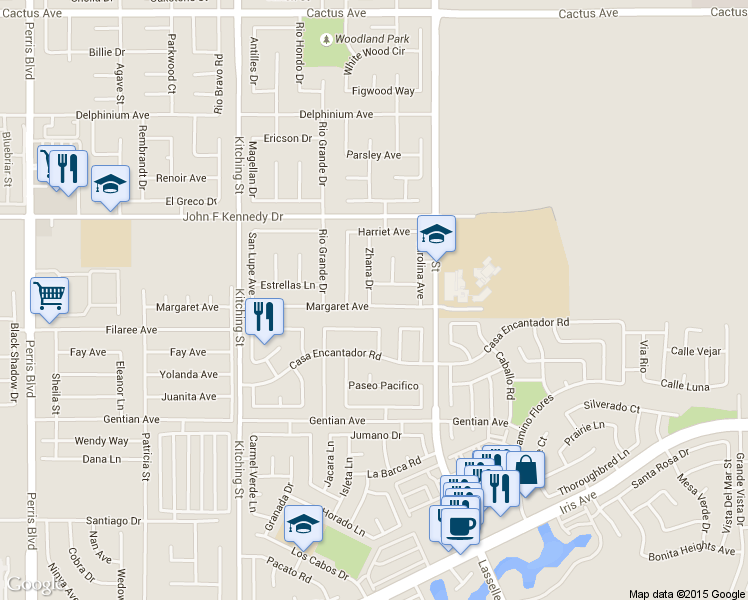 map of restaurants, bars, coffee shops, grocery stores, and more near 25848 Margaret Avenue in Moreno Valley