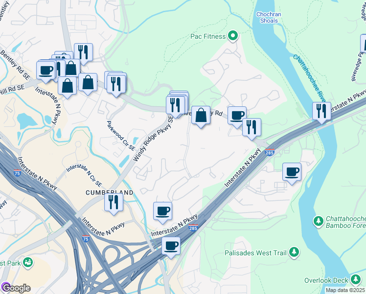 map of restaurants, bars, coffee shops, grocery stores, and more near 3013 Shadowood Parkway in Atlanta