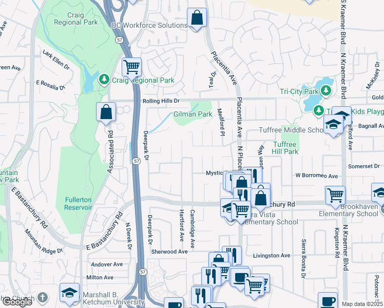 map of restaurants, bars, coffee shops, grocery stores, and more near 2885 Winchester Street in Fullerton