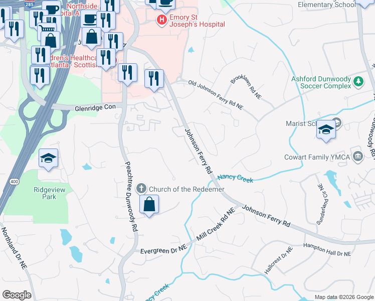 map of restaurants, bars, coffee shops, grocery stores, and more near 1541 Johnson Ferry Road Northeast in Brookhaven