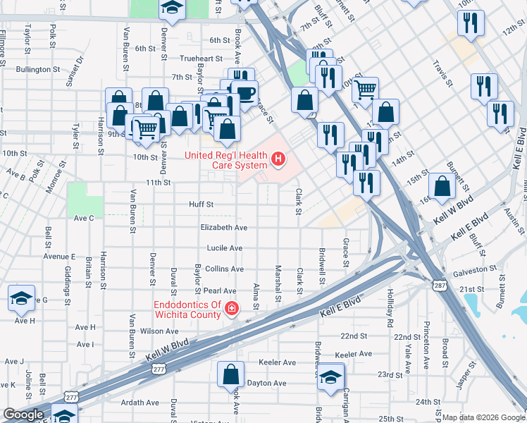 map of restaurants, bars, coffee shops, grocery stores, and more near 1651 Huff Street in Wichita Falls
